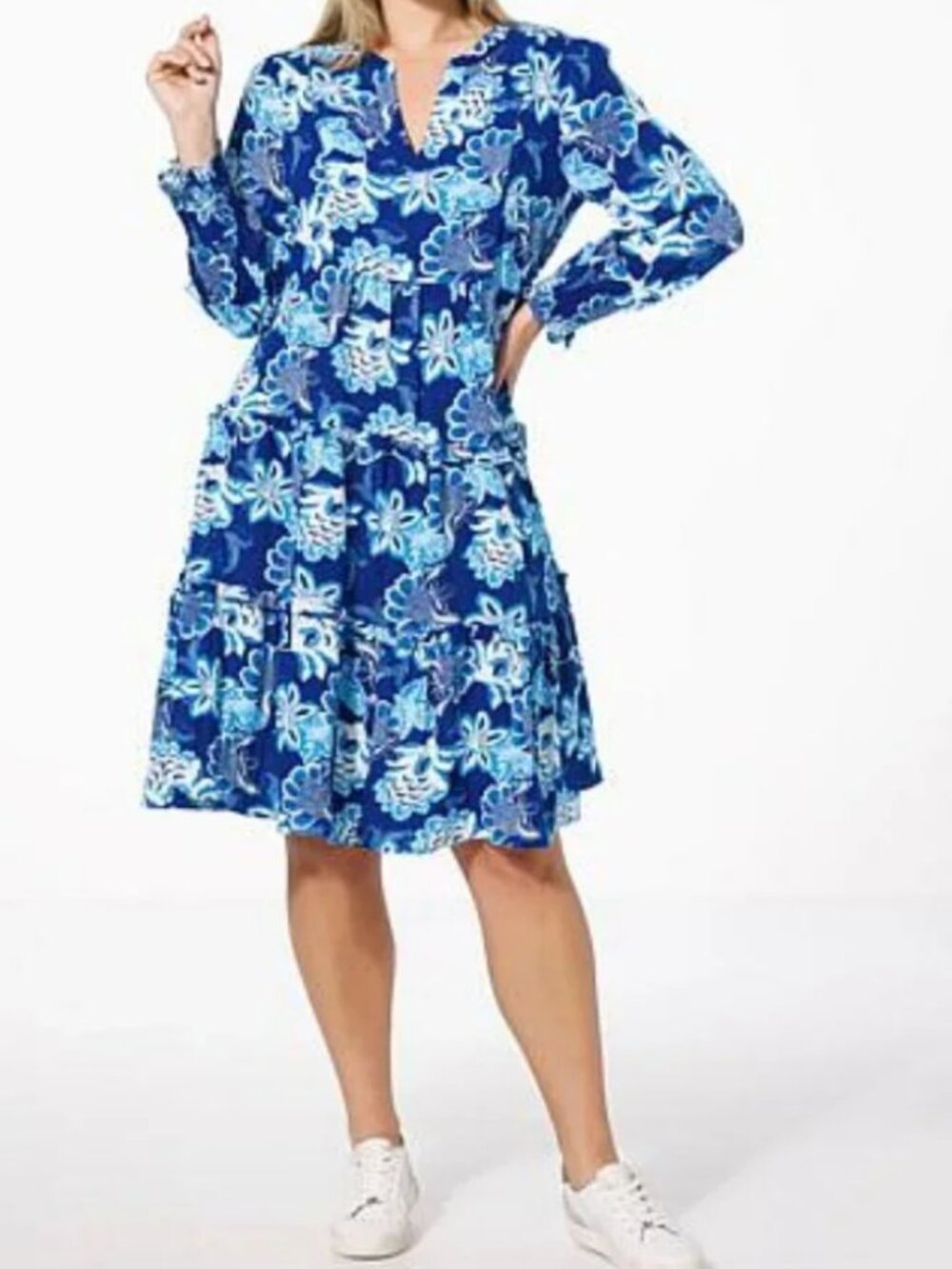 G by Giuliana Serafina Floral Midi Dress M Blue V-Neck Tiered Coastal Grandmothe